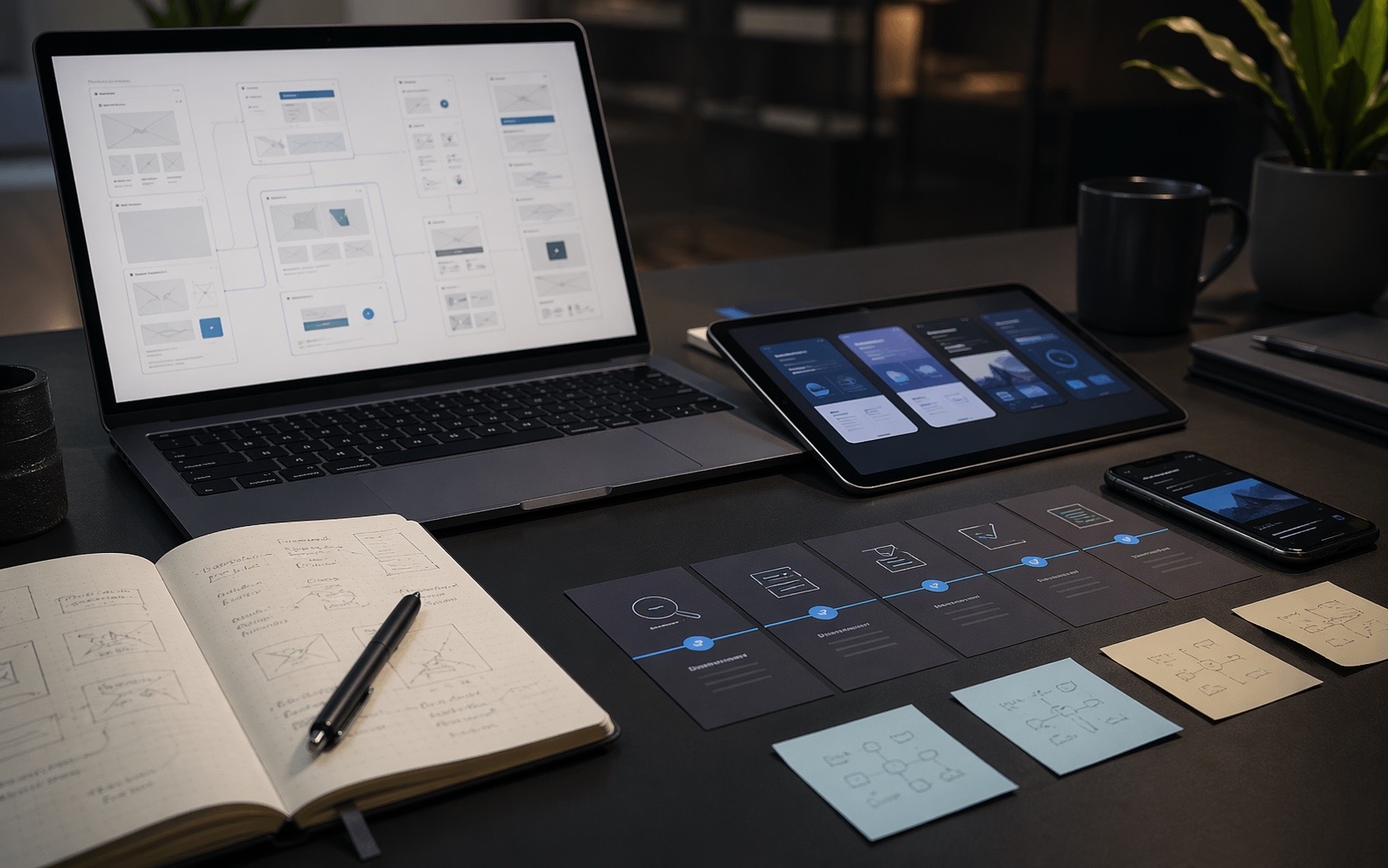 Premium visual of web and mobile application delivery with roadmap, UI screens and quality gates